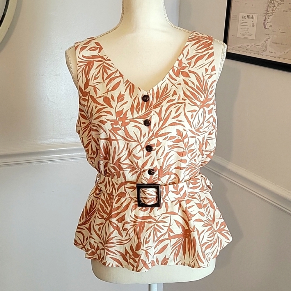 Monteau Linen Blend‎ Belted Top Womens Large NWOT